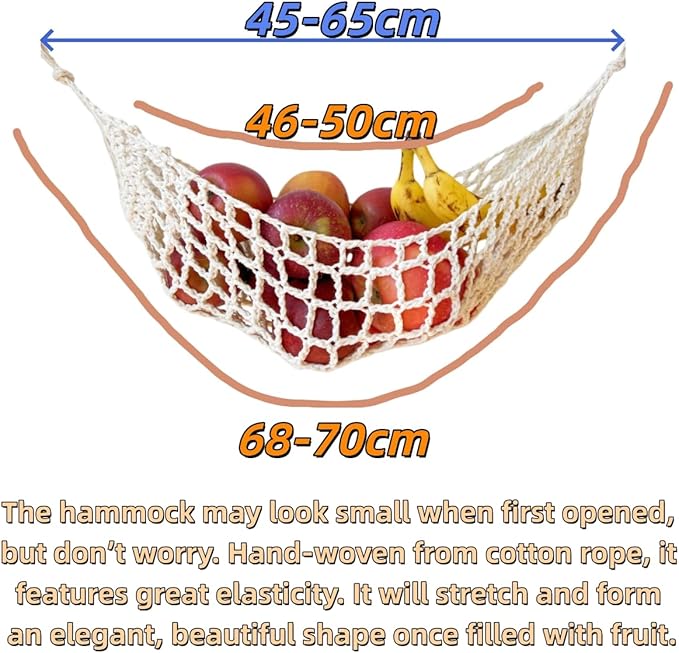 2-Pack Hanging Fruit Hammock with Hooks - Macrame Under Cabinet Veggie Banana Basket, Hand-Woven Boho Fruit Holder, Save Counter Space for Kitchen Home RV Boat (Ivory)