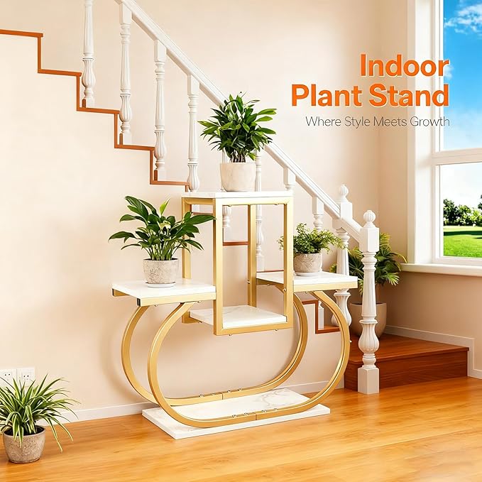 Gold Metal Corner Plant Stand for Indoor & Outdoor Use – Tiered Multi-Tier Flower Pot Holder for Living Room, Bedroom, Balcony – Modern Home Decor Storage Rack With Marble-Patterned Shelves