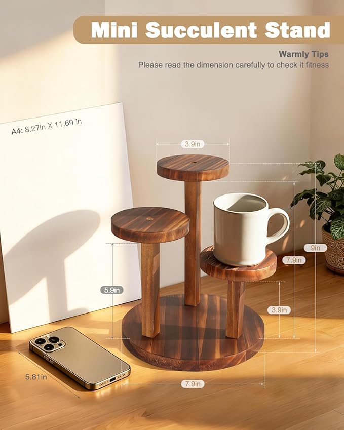 3 Tier Table Top Plant Stand Wooden Round,Small Window Sill Plant Shelf Indoor,Mini Desk Flower Succulent Stand Holder Rack,Little Display Stand for Desktop,Windowsill,Countertop,Kitchen,Oil Painting