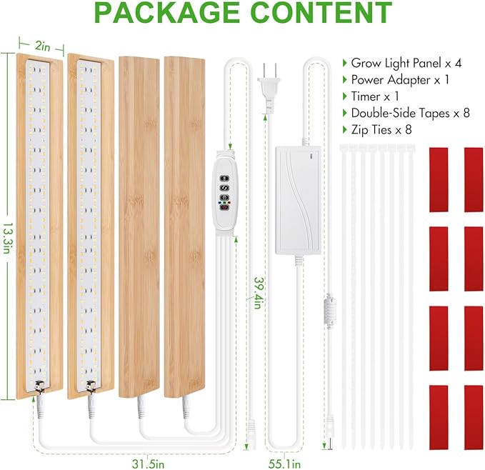 FOXGARDEN Grow Light, Bamboo Full Spectrum Plant Light Strip for Indoor Plants, 384 LED Bright Grow Lamp with Auto On/Off Timer 4/8/12H, 3 Switch Modes, 10 Dimmable Levels, 4 Strips with 1 Controller