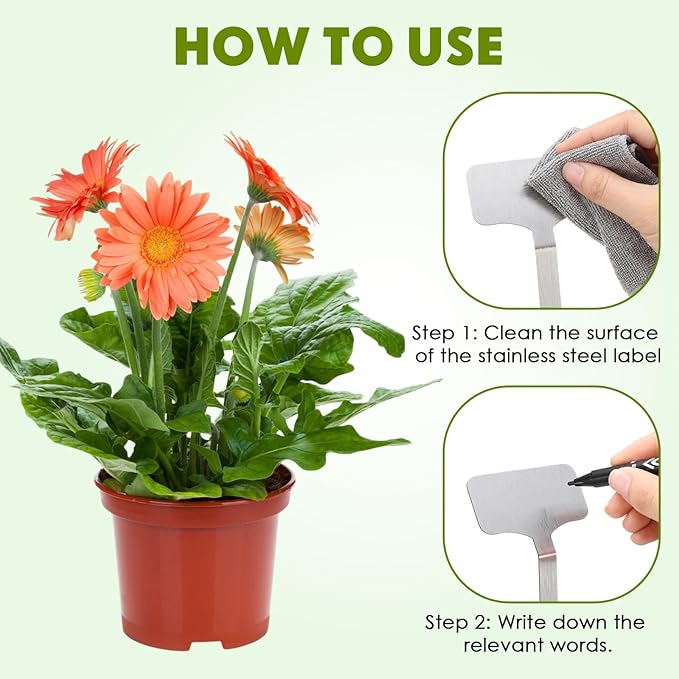 30 Pcs Stainless Steel Plant Labels, Metal Waterproof Plant Markers, Height 12.6 in, Label Area 2.5 x 1.26 in T-Type Reusable Nursery Tags for Vegetable Herb Flower Seed with 2 Pens