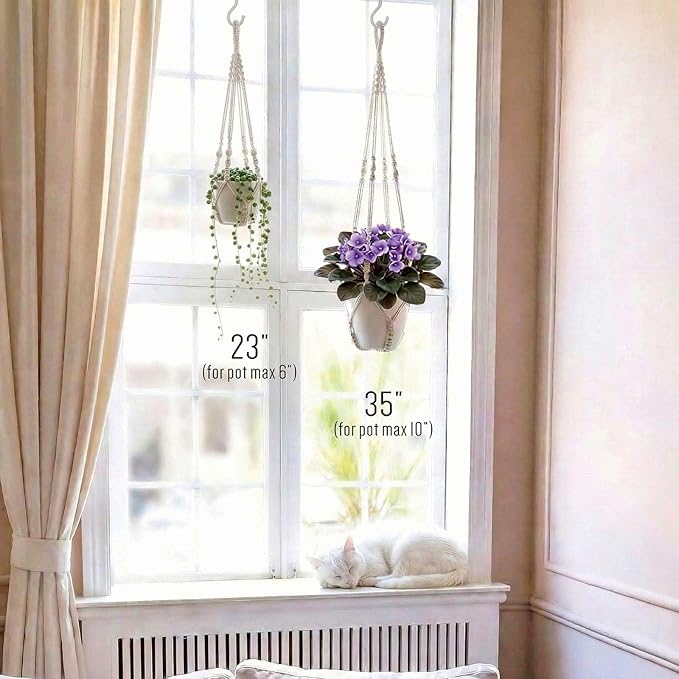 Macrame Plant Hanger 23", Set of 2 No Tassel Hanging Plant Holder Indoor, Sturdy Flower Pot Holder with 4 Hooks - Ivory (Pot NOT Included)