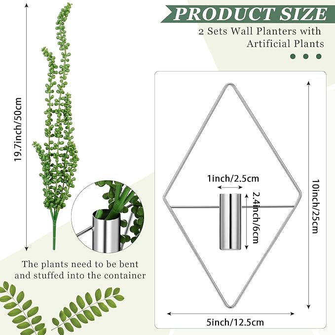 Canlierr 2 Pieces Wall Decor Hanging Planters with Artificial Plants Metal Hanging Vase Indoor Plants Holder Modern Boho Wall Art for Bathroom Bedroom Living Room Decor, Silver, Succulents