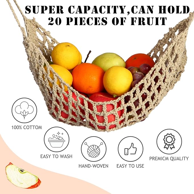 Fruit Hammock for Kitchen Under Cabinet,Large Macrame Fruit Hammock for Kitchen Décor,Storage That Saves Counter For More Counter Space at Home, Boat, or Rv,with 4 Hooks.(nature)
