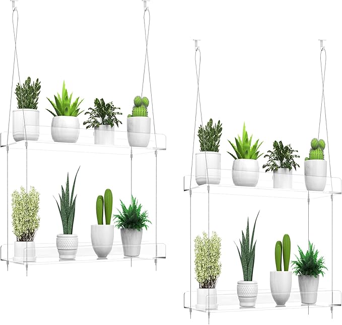 2-Pack Hanging Clear Plant Shelves for Windows, Acrylic Window Wall Plant Stand Shelf for Kitchen Indoor Gardens, Flower, Herb, Seedling Organization, and Pots Display, 16 Inch per Tier