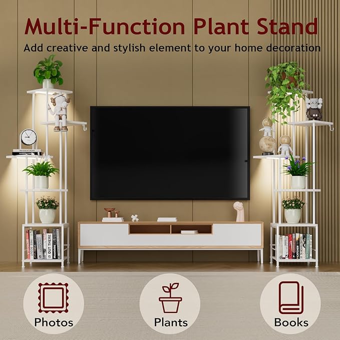 Homsorout Plant Stand Indoor with Grow Light, 6-Tiered Tall Plant Stand Indoor, Metal Plant Shelf with Hanging Basket Hook and Adjustable Light, Ideal for Living Room, Garden, Patio white