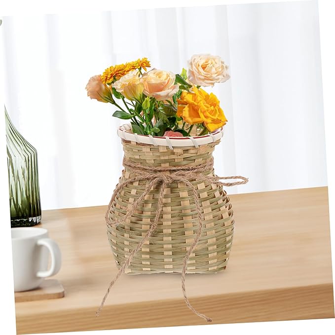 Zerodeko 1pc Bamboo Basket Seagrass Basket Woven Baskets Rustic Wicker Vase Rattan Plant Container Round Storage Basket French Bucket Vase Basket for Fruit Woven Flower Container Fruit Vase