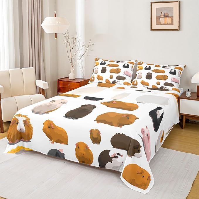 Feelyou Kids Sheet Set Twin Size Guinea Pig Bedding Set Cute Pet Pattern Sheets Set for Boys Girls Kawaii Pet Animal Theme Bed Sheet Cartoon Guinea Pig Bedding, Soft and Cozy, Lightweight