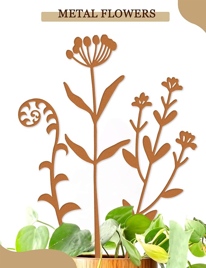 10pcs Metal Flowers for Garden - Antique Rust Finish Decorative Plant Stakes, Weathered Patina Yard Art for Outdoor Ground & Indoor Pots, Rustic Flower Bed Decor, Lawn & Patio Accents