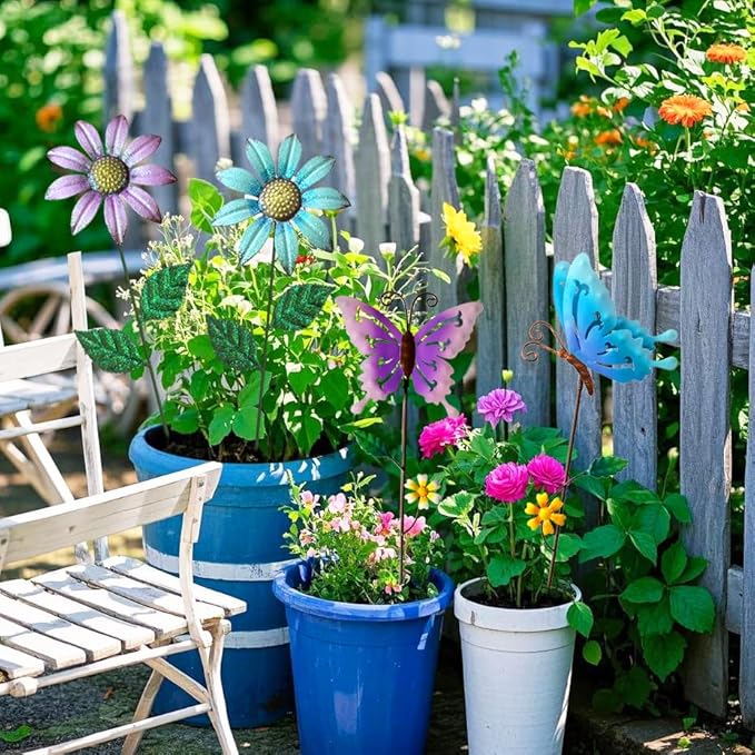 Metal Flowers for Outside, 16.15" 4-Pack Metal Colorful Butterfly & Flower Decorative Garden Stakes for Spring Garden Decor, Shaking Head Yard Art Decorations for Patio Lawn Ornaments
