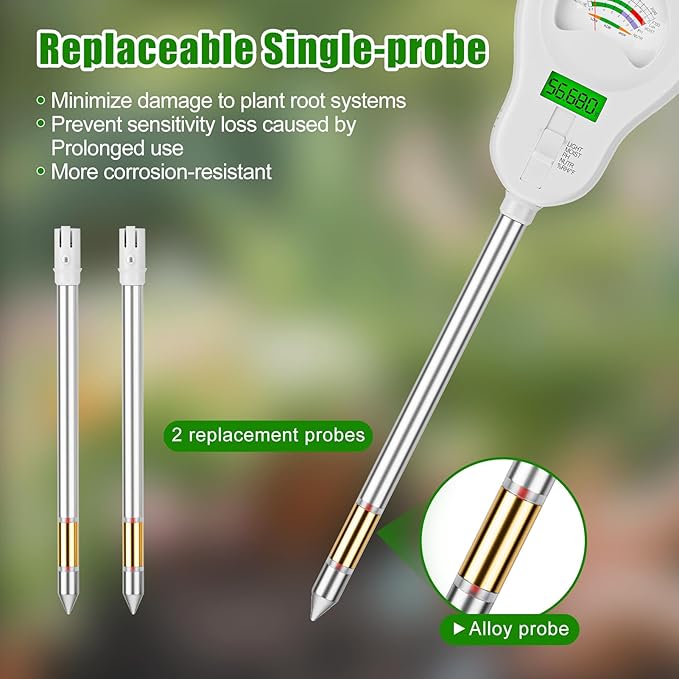 SPECILITE 6-in-1 Soil Tester, Digital Soil Moisture Meter/PH Meter/Sunlight/Temperature/Fertility Monitor with 2 Removable Probe, Dual Screen Soil Test Kit for Gardening, Lawn, Indoor & Outdoor Plant