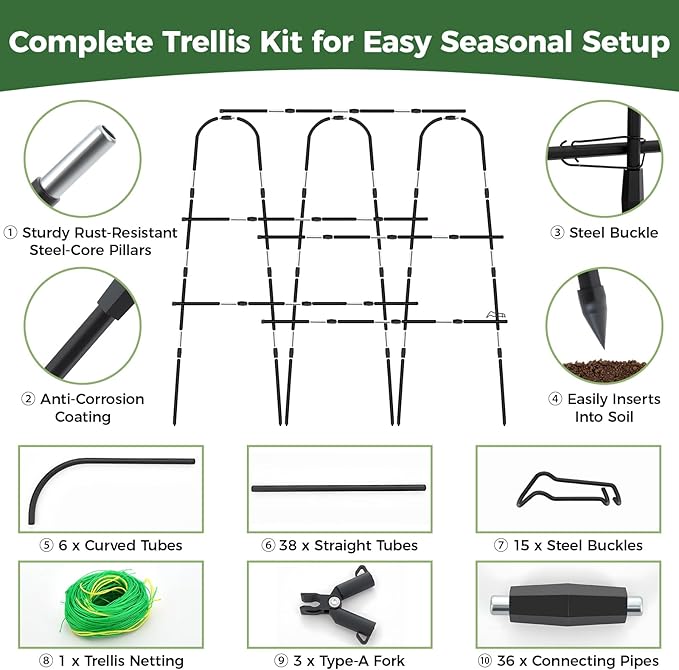Cucumber Trellis for Raised Bed, 62"x62"U-Shape Garden Trellis for Climbing Plants Outdoor, Metal Arch Plant Support with Netting for Cucumbers, Beans, Tomatoes & Climbing Vegetables