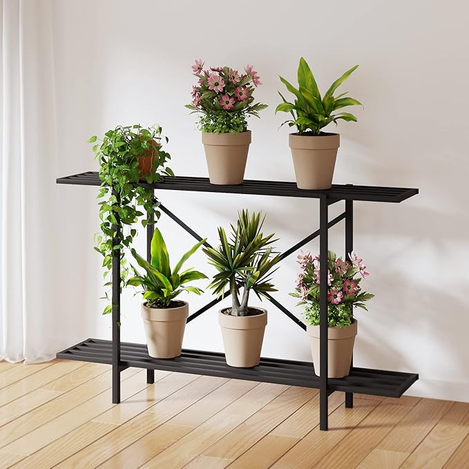 Zhongma 2 Tier Window Height Metal Sturdy Heavy Plant Stand, Narrow Plant Stand Indoor and Outdoor, L45.67 x W10.3 x H27.5 inch, 440 LBS Capacity & Heavy Duty Construction. …