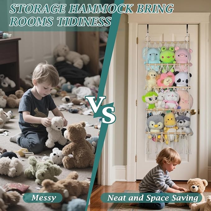 42cm Wide Over the Door Stuffed Animal Storage Hammock Corner Wall Hanging Storage Holder Boho Macrame Plush Toy Organizer Net for Stuffed Animal (Beige)