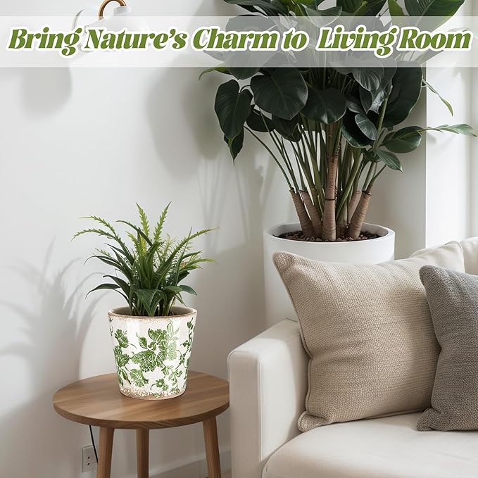 Beeveer Farmhouse Ceramic Planter 5.1 Inch Large Plants Pot Crack Beige Green Floral Vine Plant Pots with Drainage Hole Indoor Plants Kitchen Rustic Antique Decor Gift