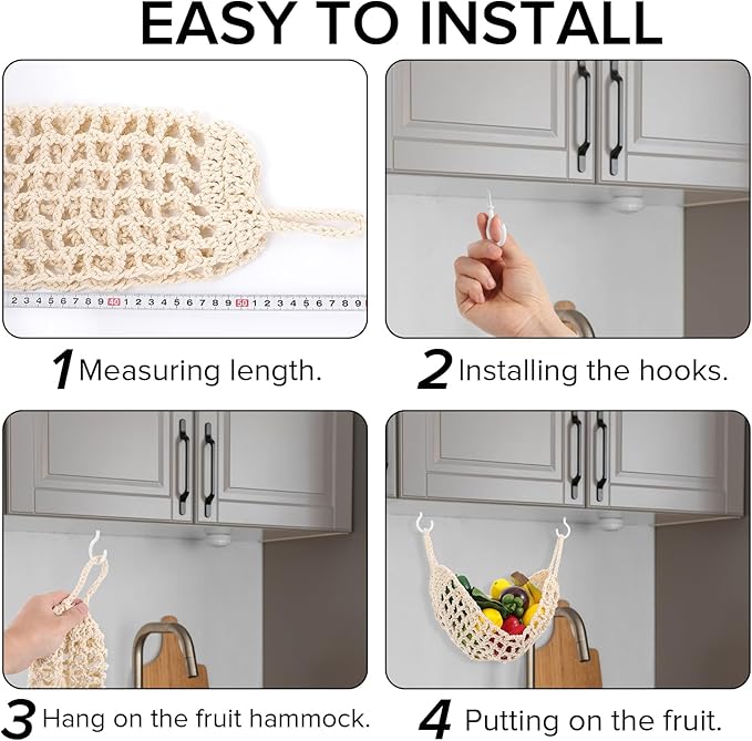 Hanging Fruit Hammock with Hooks Under Cabinet Macrame Basket for Kitchen Hand-Woven Boho Fruit Holder Net Organization Banana Basket for Home Dining Room Cabinet Decor Boat Camper Rv