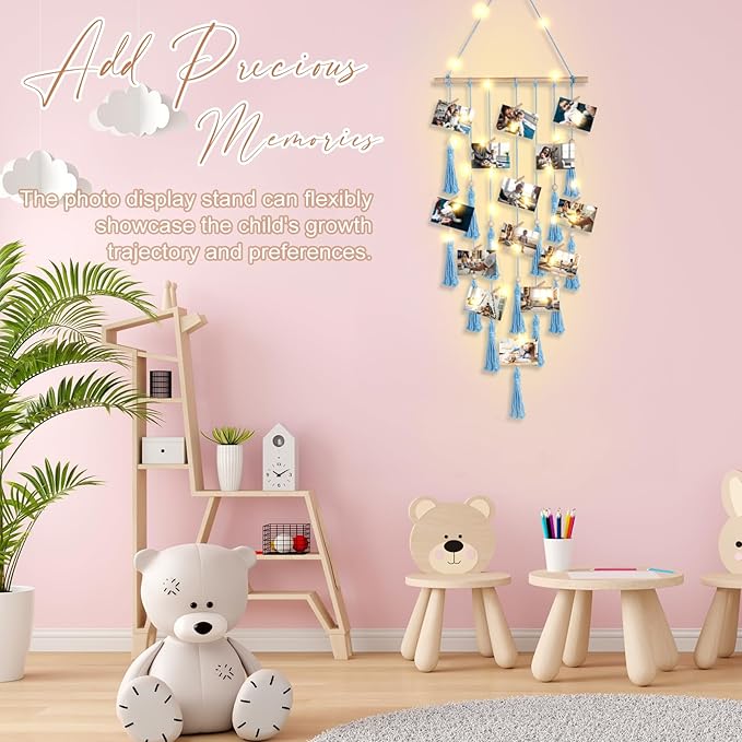 ANROYE Macrame Hanging Photo Display, Picture Holder with 30 Clips for Bedroom Wall, Polaroid Boho Gallery Hangers with LED Light String, Room Decor Gifts for 10 11 12 13 14 Year Old Teen Girl