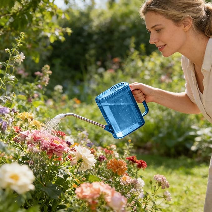 1L Small Watering Can for Indoor Plants, Lightweight Watering Can Outdoor with Long Spout, Indoor Waterings Cans for House Plants, Clear Plastic Waterings Cans for Garden Flower (Blue)