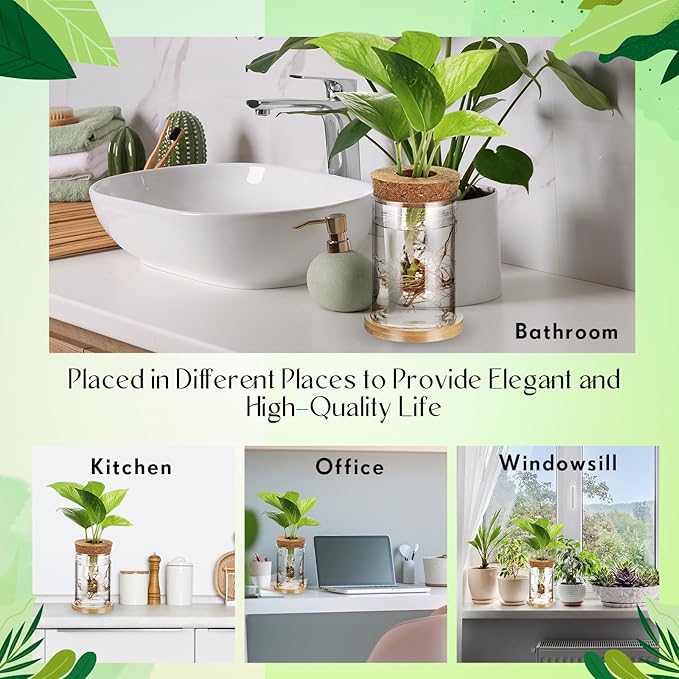 Baderke 9 Packs Propagation Vases for Plants Plastic Plant Propagation Station with Hole Lid and Bamboo Stand Growing in Water Hydroponic Home Office Table Decoration(Classic Style)