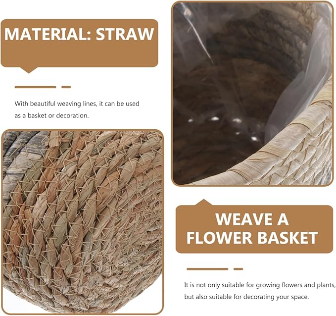 Healeved 2PCS Seagrass Plant Basket with Liner for Indoor Plants Rattan Pots 6inch Weaving Straw Planter Baskets Wicker Small Rustic Decorative Flower Pots for Desktop