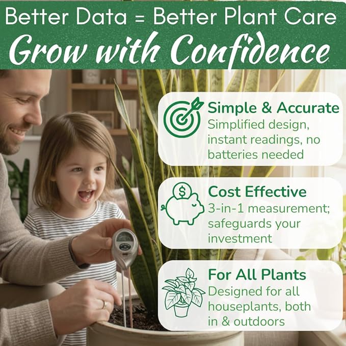 Houseplant Health Meter – 3-in-1 Tool to Prevent Overwatering, Root Rot & Leaf Burn | Test Soil Moisture, Sunlight & pH | Simple, Easy, Battery-Free | Suitable for Indoor, Outdoor & Potted Plants