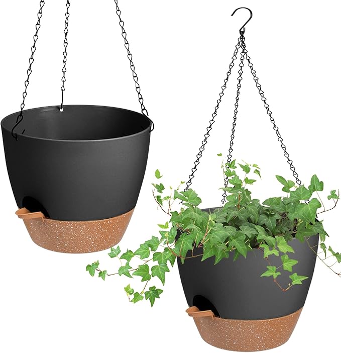 Vanslogreen Hanging Planters for Indoor Outdoor Plants, 2 Pack Self Watering Hanging Pot with Drainage Holes & Removable Tray (Black, 8'')