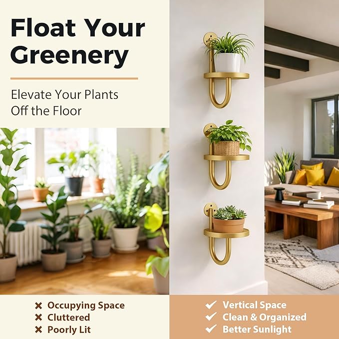 Wall Plant Holders for Indoor Plants, 3 Pack Metal Wall Mounted Plant Shelves，Modern Window Plant Hanger, Space Saving Hanging Planters for Living Room Bedroom Kitchen Bathroom Office Decor, Golden