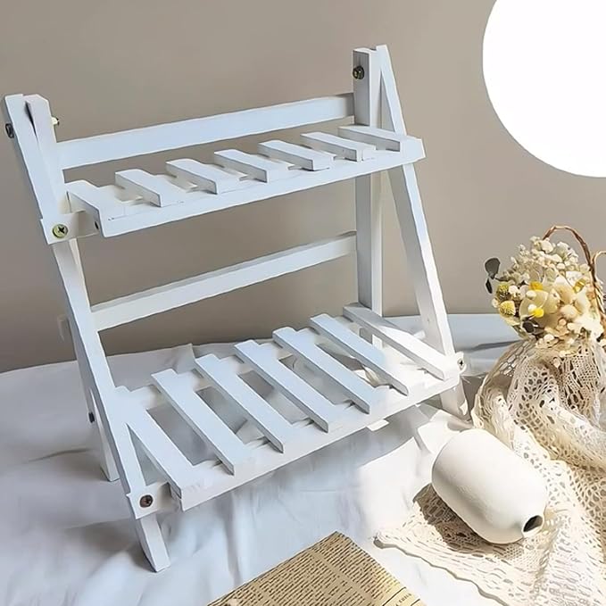 2 Tiers Plant Stand Bamboo, Tabletop Bamboo Succulent Plant Stand for Window Sill Plant Shelf, Rack Flower, Pot Holder, Desk Tiered Succulent Pot Holder(White)