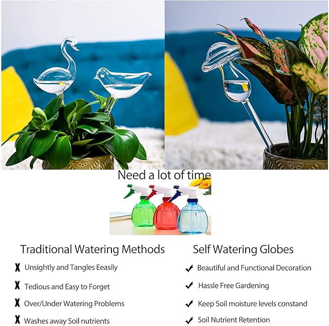Kingbuy Self Watering Globes Plant Waterer Device Swan Shape Hand Blown Clear Glass Bulb for Indoor Outdoor Plants, 2 Pack