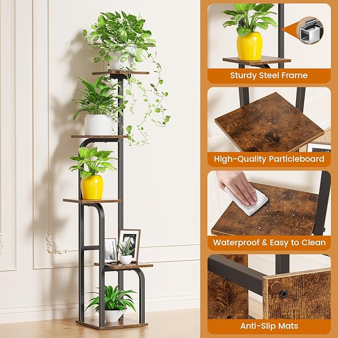 Asgolion 5 Tier Plant Stand Indoor, Plant Shelf for Multiple Plants, Flower Pot Holder Shelf, Planter Display Rack for Patio Garden Balcony Living Room Bedroom Decor, Rustic Brown