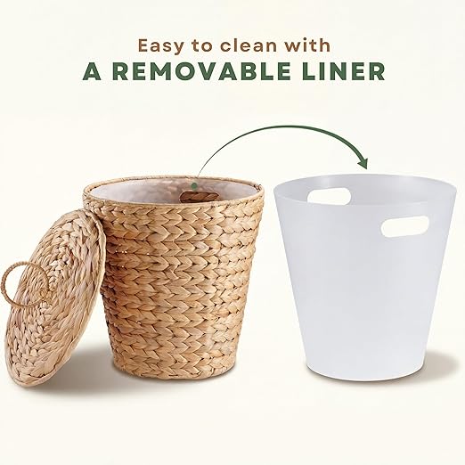 84ECO 3 Gallon Wicker Trash Can with Liner and Lid - Rattan Trash Can - Wicker Waste Basket for Bathroom, Bedroom, Kitchen, Living Room