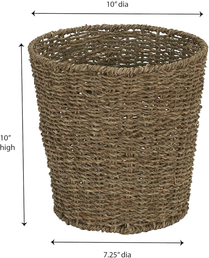 Household Essentials Seagrass Wicker Waste Basket, Handwoven Waste Bin with Metal Frame, Perfect for Bathrooms and Bedrooms,