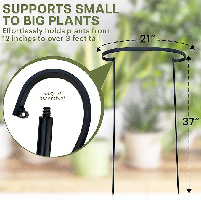 Décor Wow Garden Ornament Metal Half Round Plant Support Stake, 21” Wide x 37” Tall, Black
