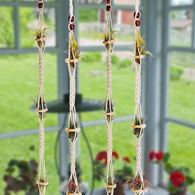 Shappy 4 Pieces Air Plants Holders Hanger Air Plant Wall Hanger Handmade Rope Hanging Plant Holder Woven with 4 Hooks for Home Decoration