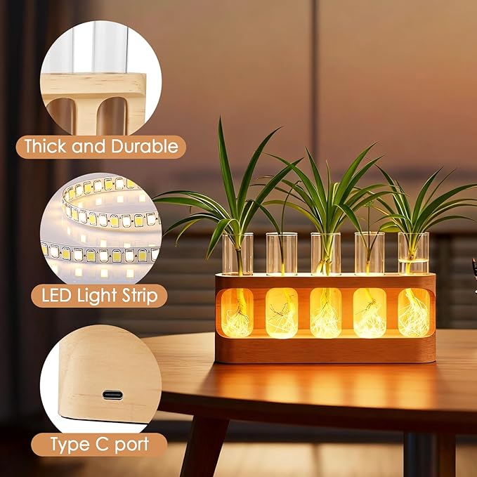 Tigvio Plant Propagation Station with 9-Level Dimmable LED Light, 5 Glass Test Tube Vases, Wooden Stand for Hydroponic Plants, Gardening Gift for Women & Plant Lovers, Desktop Terrarium & Home Decor