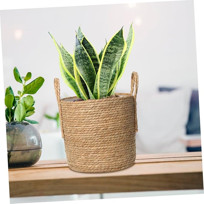 Rattan Basket Flower Pot 25cm Straw Flowerpot Vintage Style for Home Decor