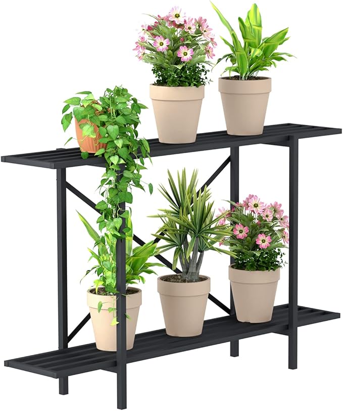 Zhongma 2 Tier Window Height Metal Sturdy Heavy Plant Stand, Narrow Plant Stand Indoor and Outdoor, L45.67 x W10.3 x H27.5 inch, 440 LBS Capacity & Heavy Duty Construction. …