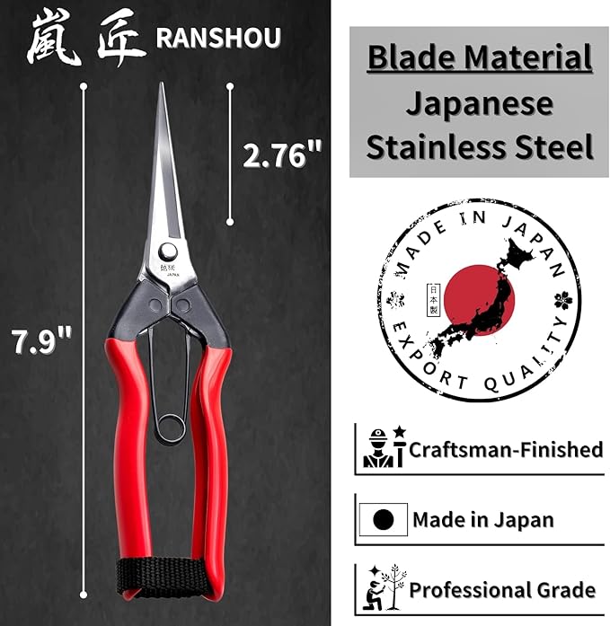 Japanese Garden Shears Long Blade 7.9" for Plants - Needle Nose Pruners with Pointed Tips - Sharp Japanese Stainless Steel Blade & Spring Loaded Handle - Made in Japan