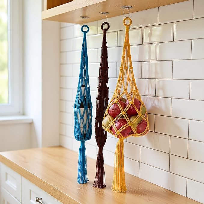 2 Packs Hanging kitchen hanging Basket, Macrame Hanging Basket Vegetable Storage holder breathable handmade basket for Potato Onion Fruit Storage,Boho Decor grocery storage bag,Yellow