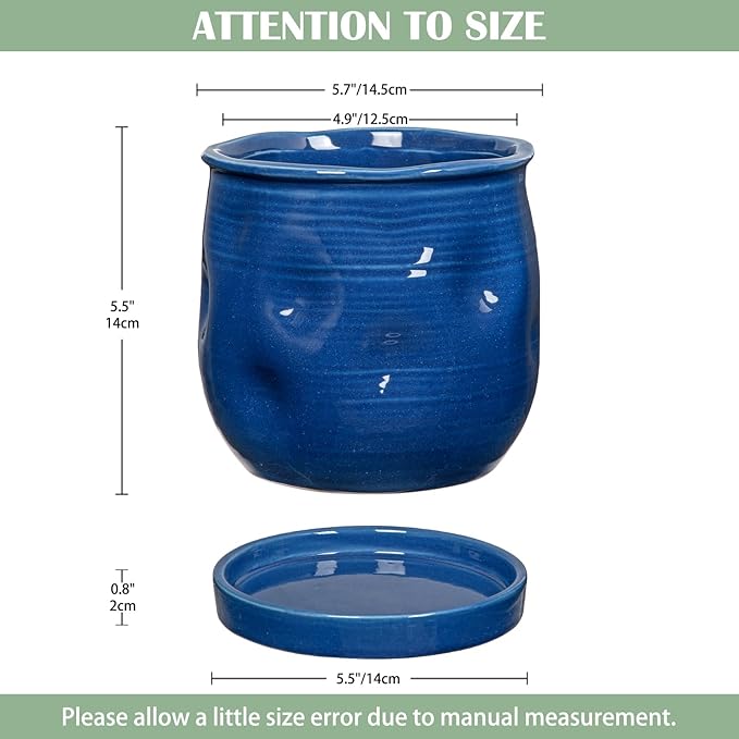 Oairse 5.7 inch Ceramic Pots for Plants, Plant Pot with Drainage Hole and Saucer Blue Ceramic Indoor Planter with Tray Decorative Flower Pots for Succulent, Cactus, Snake Plant, Herb Indoor Outdoor