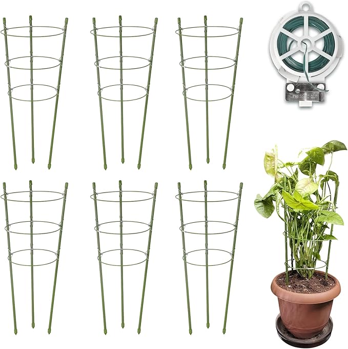 6 Pack Plant Support Cages 18 Inches Small Tomato Cages and Supports with Adjustable Rings for Garden Pots, Climbing Plants, Bonus 98 Feet Twist Ties