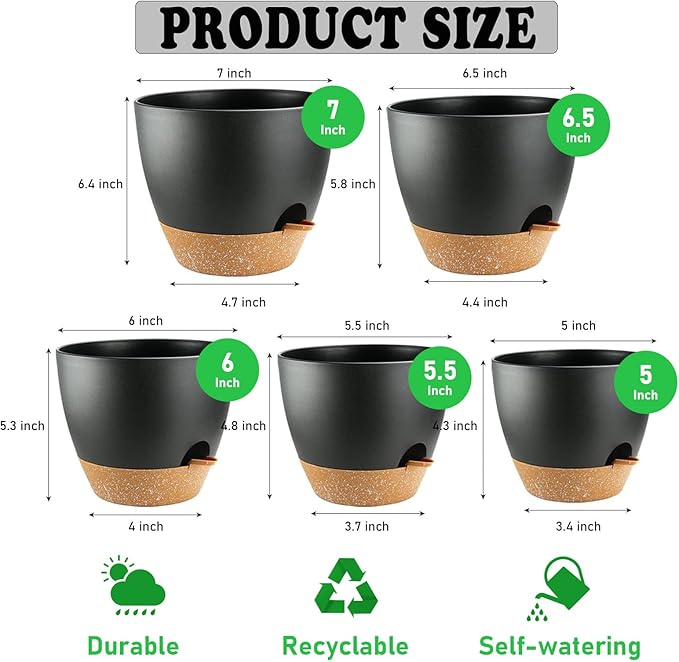 5-Pack Plant Pots with Drainage 7/6.5/6/5.5/5 Inch, Self Watering Pots for Indoor Plants, Planters for Indoor Outdoor Plants, Plastic Flower Pot, Planter for Indoor Outdoor (Black)