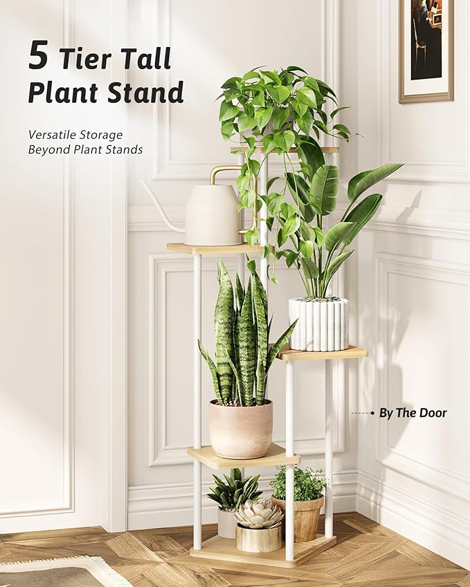 GENTINGBRO Tall Plant Stand Indoor 5 Tiered Plant Shelf for Multiple Plants Coner Shelf Stand Wood Plant Stand Metal Shelving for Living Room Bedroom Balcony Patio White
