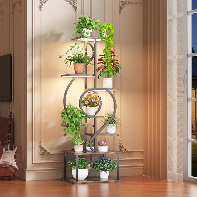 YAKANJ Plant Stand Indoor with Grow Light,8 Tiered Indoor Plant Stand,58" Tall Plant Flower Shelf,Creative Note Shaped Plant Holder for Home,Patio,Brown