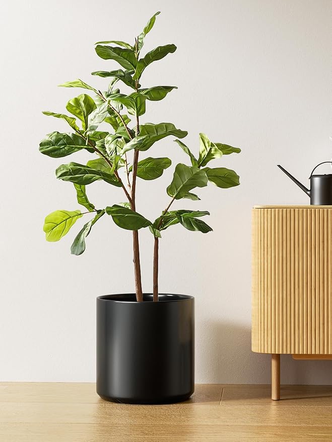 LE TAUCI 12 Inch Pot for Plants, Ceramic Planters for Indoor Plants, Mid-Century Modern Cylinder Flower Pots with Drainage Hole, Fits Fiddle Leaf Fig & Monstera, Home Decor, Black