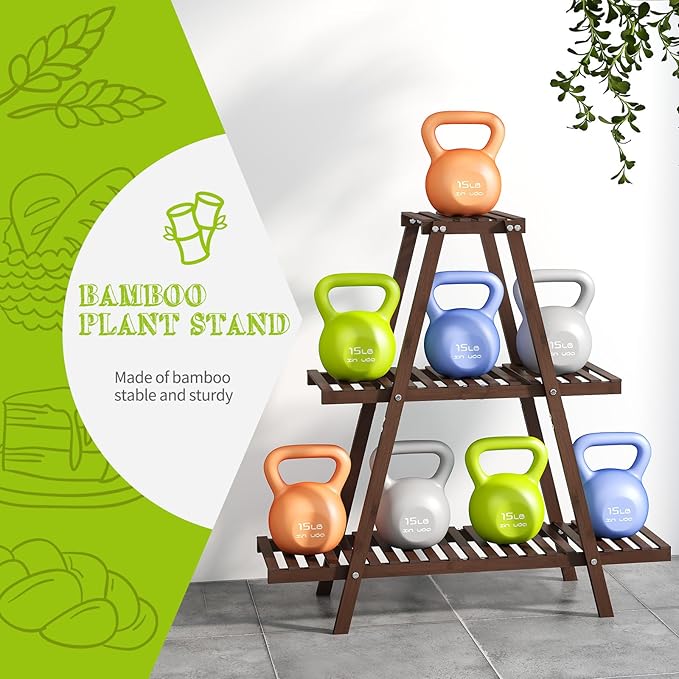 BMOSU Plant Stand Bamboo for Indoor Outdoor Tiered Plant Shelf 8 Potted Flower Holder Ladder Rack Garden Balcony Living Room Patio(3 Tier Brown)