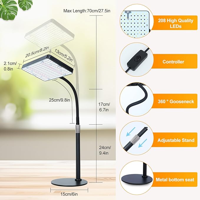 2026 Desk Grow Light, Bright Full Spectrum Grow Lights for Indoor Plants, Bonsai, Seed Starting, 4/8/12/16/20H Timer, 25 Watt Power Draw, NO Need Adapter, 16"-24" Height Adjustable