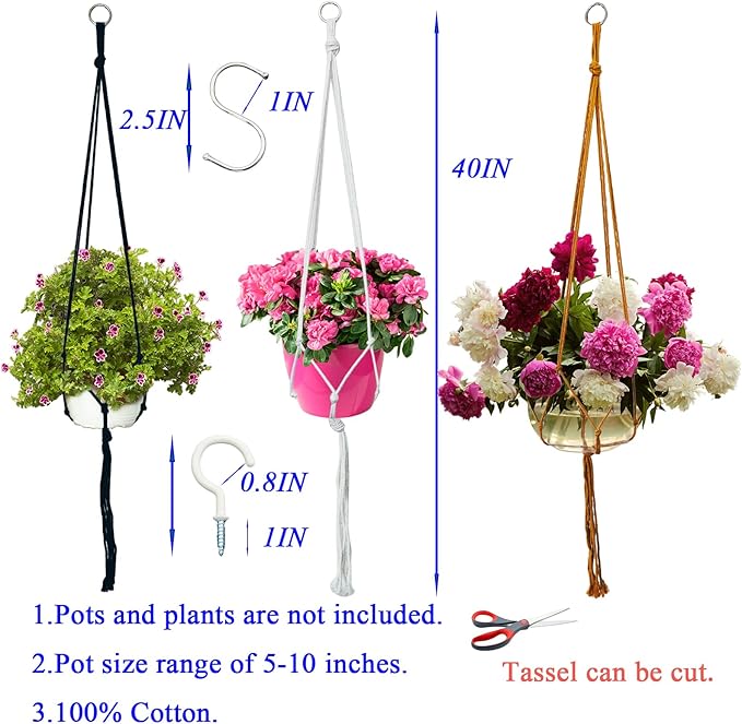 Macrame Plant Hangers Planter Flower Pots Holder 3 Pack Basket Stand Tassels with 6 Hooks Kit Cotton Rope for Decorative Indoor Outdoor Patio Garden Boho Home Décor (POTS NOT Included) (WHITE)