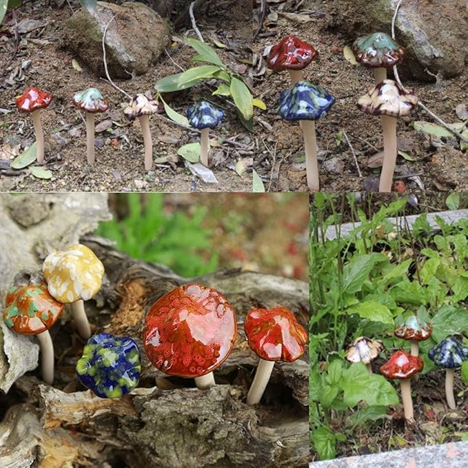 kathson 12 Piece Garden Mushrooms - Ceramic Mushroom for Yard, Fairy Garden Stakes Lawn Ornament Plants Stakes Accessories Pottery Ornament 4.52" in Height (Random Color)