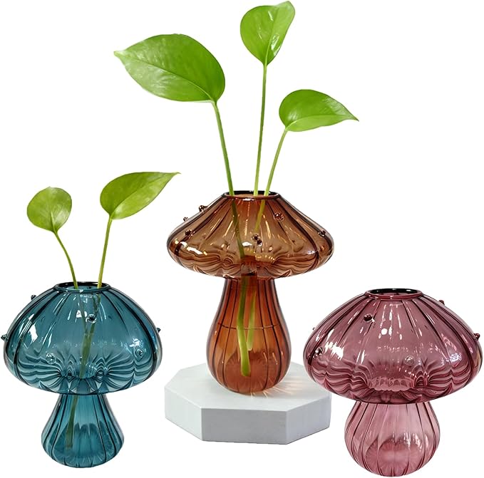 Glass Mushroom Propagation Planter - Set of 3 Cute Plant Propagation Stations for Indoor Plants, Unique Small Hydroponic Vase Jars Mini Terrariums for Window Living Room Bathroom Shelf Decor